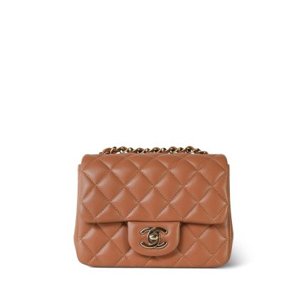 Caramel Lambskin Quilted Mini Square Flap Light Gold Hardware