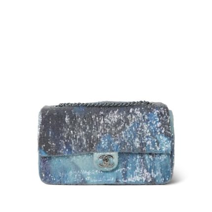 18S Blue Waterfall Sequin Jumbo Single Flap Bag Silver Hardware