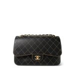 17B Black Calfskin / Tan Suede Wild Stitch Double Flap Jumbo Flap Aged Gold Hardware