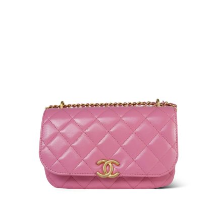 23A Pink Calfskin Quilted Phone Holder With Chain Aged Gold Hardware