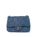 23P Blue Denim Quilted Camellia Mini Sweetheart Single Flap Bag Aged Silver Hardware