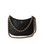 23B Black Shiny Crumpled Lambskin Quilted Large CC Hobo Bag Aged Gold Hardware - Image 2