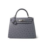 Kelly Sellier 28 Horseshoe (HSS) Gris Agate/Bleu Nuit Ostrich Palladium Plated Y Stamp - Image 13