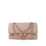 17C Light Pink Calfskin Chevron Quilted Classic Flap Medium Aged Gold Hardware - Image 8