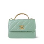 23P Light Green Shiny Calfskin Quilted Pink/Green Chain Top Handle Flap With Chain Aged Gold Hardware - Image 9