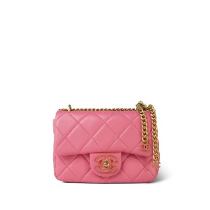 22P Pink Enamel Lambskin Quilted  Pending CC Small Square Flap Aged Gold Hardware