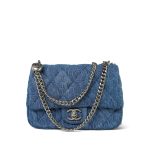 23P Blue Denim Quilted Camellia Mini Sweetheart Single Flap Bag Aged Silver Hardware - Image 10