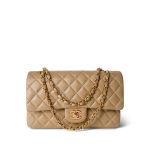 Dark Beige Lambskin Quilted Vintage Classic Flap Medium Gold Hardware - Image 8