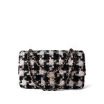 20S Black White Ecru Houndstooth Tweed Quilted Classic Flap Medium Light Gold Hardware - Image 9