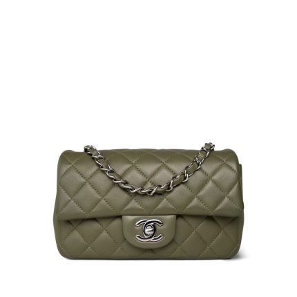 21B Dark Green Lambskin Quilted Mini Rectangular Flap Silver Hardware