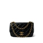 23A Black Shiny Calfskin Quilted Phone Holder W/ Chain Aged Gold Hardware - Image 10