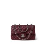 Burgundy Lambskin Quilted Mini Rectangular Flap Silver Hardware - Image 15