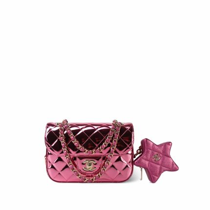 24C Shiny Pink Calfskin Quilted Flap Bag & Coin Purse