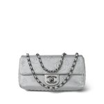 Silver Metallic Lambskin Chanel Symbol Embossed Rectangular Single Flap Ruthenium Hardware - Image 7
