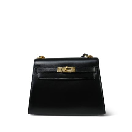 Mini Kelly 20 Black Box Calfskin Gold Plated P Circle Stamp