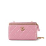 Pink Glazed Calfskin Quilted Small Vanity Case Gold Hardware - Image 3