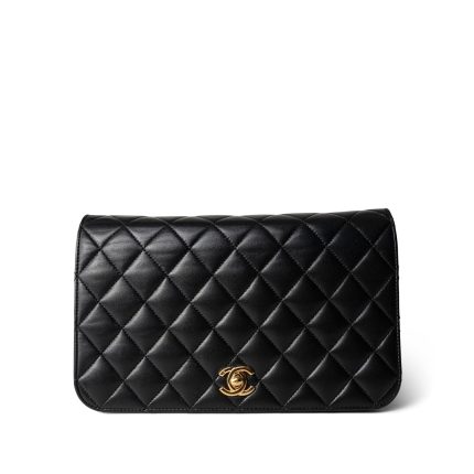 Black Lambskin Quilted Full Flap Bag Gold Hardware