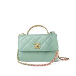 23P Light Green Shiny Calfskin Quilted Pink/Green Chain Top Handle Flap With Chain Aged Gold Hardware