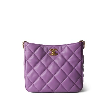 22S Purple Lambskin Quilted Pick Me Up Hobo Bag Logo Chain Aged Gold Hardware
