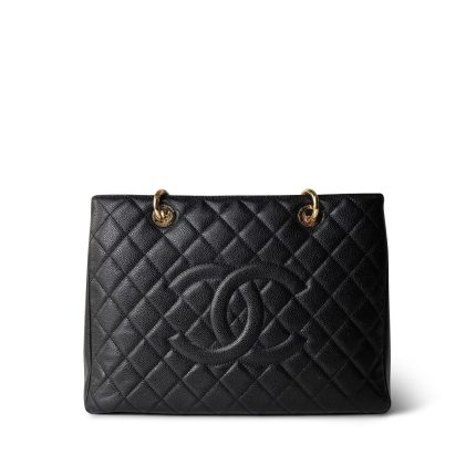 Black Caviar Quilted Grand Shopping Tote Gold Hardware