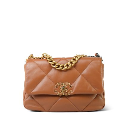 23C Caramel Lambskin Quilted 19 Flap Small Mixed Hardware