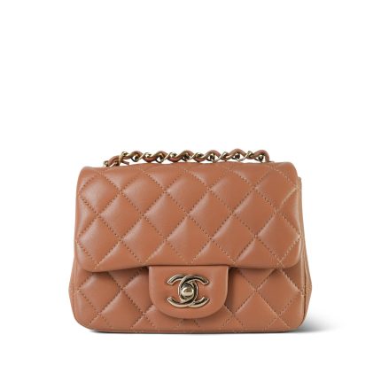 Caramel Lambskin Quilted Square Flap Mini Light Gold Hardware
