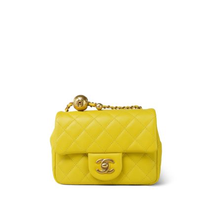 23C Yellow Lambskin Quilted Pearl Crush Mini Square Flap Aged Gold Hardware