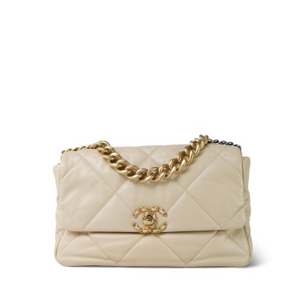 Light Beige Goatskin Quilted Large 19 Flap Mixed Hardware