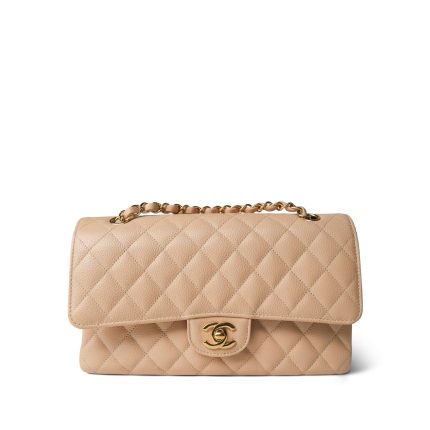 Beige Clair Caviar Quilted Classic Flap Medium Gold Hardware