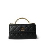 Black Lambskin Quilted Pearl Crystal Top Handle Phone Holder Aged Gold Hardware