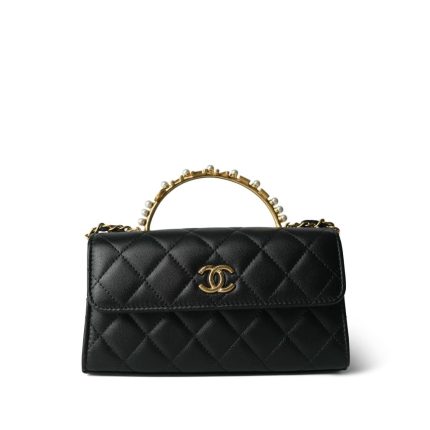 Black Lambskin Quilted Pearl Crystal Top Handle Phone Holder Aged Gold Hardware