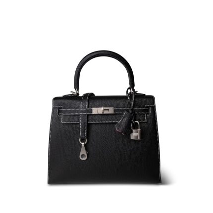 Kelly 25 Sellier Black Chèvre Palladium Plated B Stamp (HSS)