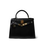Kelly 28 Sellier Black Box Calfskin Gold Plated U Circle Stamp - Image 6