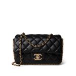 Black Lambskin Quilted Mini River of Pearls Flap Bag Aged Gold Hardware - Image 8