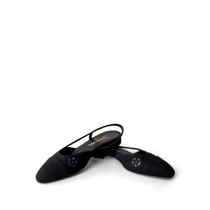 23K Chanel Black Denim Embossed Slingbacks Size 37