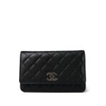 Black Caviar Quilted Crystal CC Wallet on Chain WOC LGHW