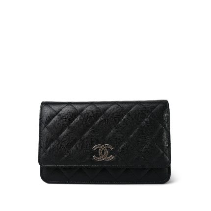 Black Caviar Quilted Crystal CC Wallet on Chain WOC LGHW