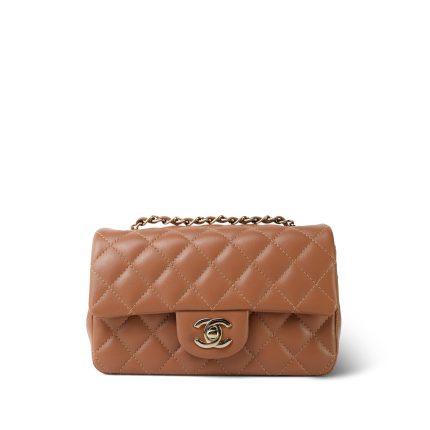 22S Caramel Lambskin Quilted Rectangular Flap Mini Light Gold Hardware