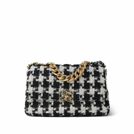 Black White Ecru Houndstooth Tweed Quilted Large 19 Flap Mixed Hardware