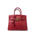 Birkin 30 Rouge Vif Ostrich Gold Plated X Stamp - Image 4