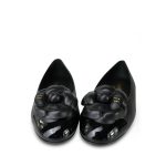 24P Black Lambskin Camellia CC Patent Cap Toe Ballerina Flats Size 36.5