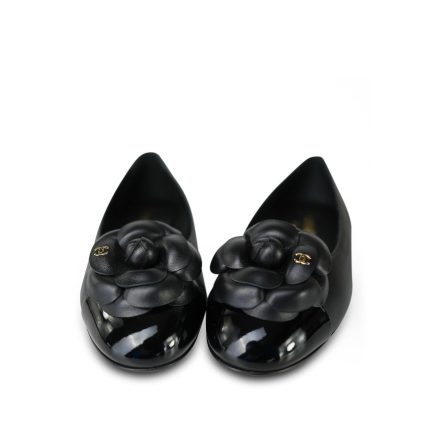 24P Black Lambskin Camellia CC Patent Cap Toe Ballerina Flats Size 36.5