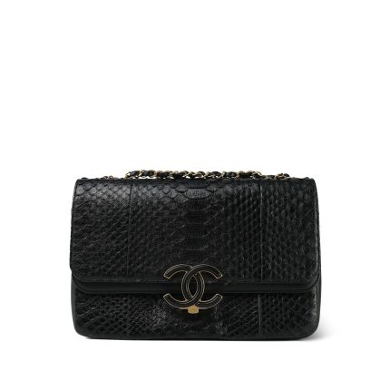 Black Python Quilted CC Chic Flap Bag Aged Gold Hardware