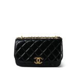 23A Black Shiny Calfskin Quilted Phone Holder W/ Chain Aged Gold Hardware