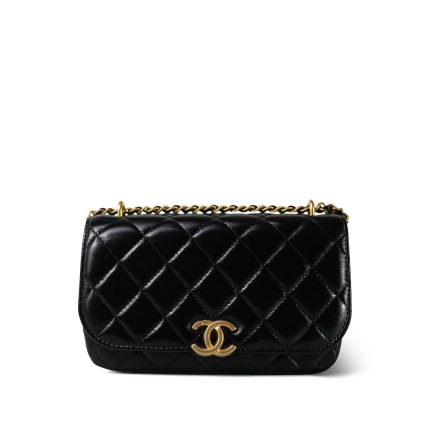 23A Black Shiny Calfskin Quilted Phone Holder W/ Chain Aged Gold Hardware