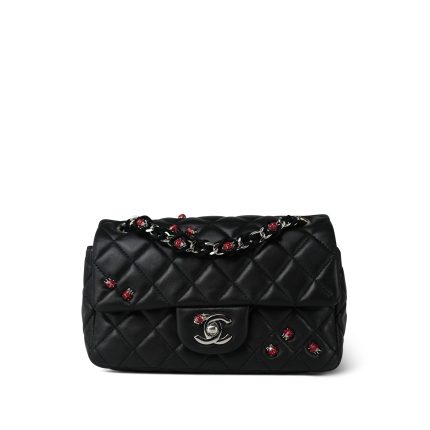 Black Lambskin Quilted Lady Bug Mini Rectangular Flap Silver Hardware