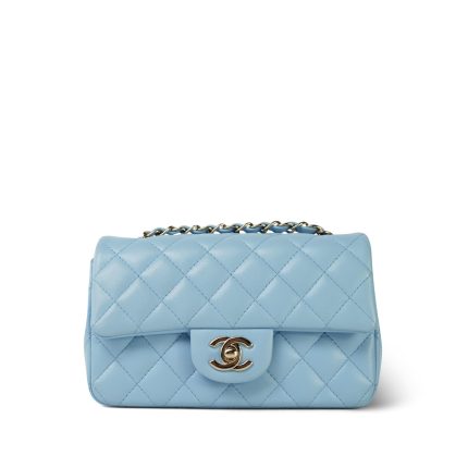 Light Blue Lambskin Quilted Mini Rectangular Flap Mini LGHW