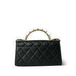 Black Lambskin Quilted Pearl Crystal Top Handle Phone Holder Aged Gold Hardware - Image 5