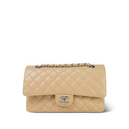 Beige Clair Caviar Quilted Medium Classic Flap Silver Hardware