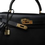 Kelly 28 Sellier Black Box Calfskin Gold Plated U Circle Stamp - Image 7
